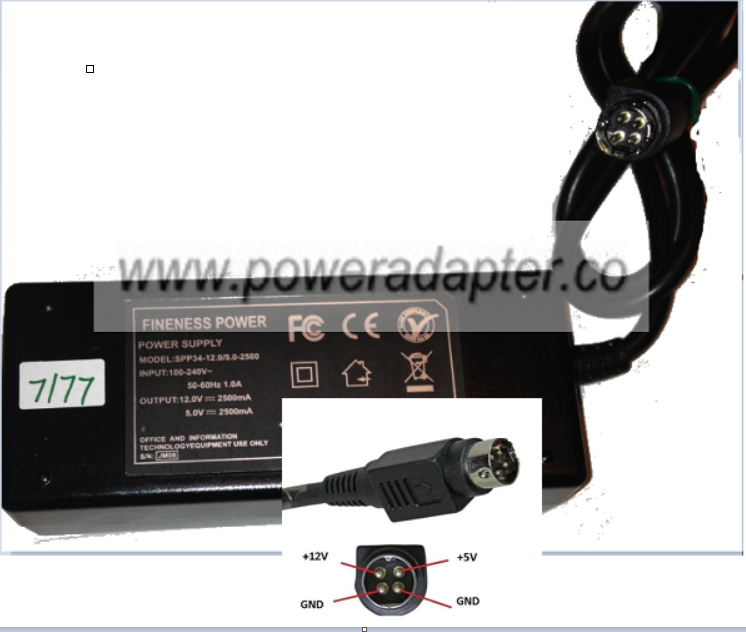 NEW FINENESS POWER SPP34-12.0/5.0-2500 AC ADAPTER 12VDC 2500mA 4 PIN - Click Image to Close